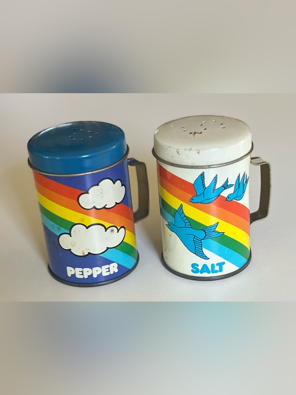 Vintage 1980s Tin Rainbow and Blue Bird  Salt and Pepper Shakers